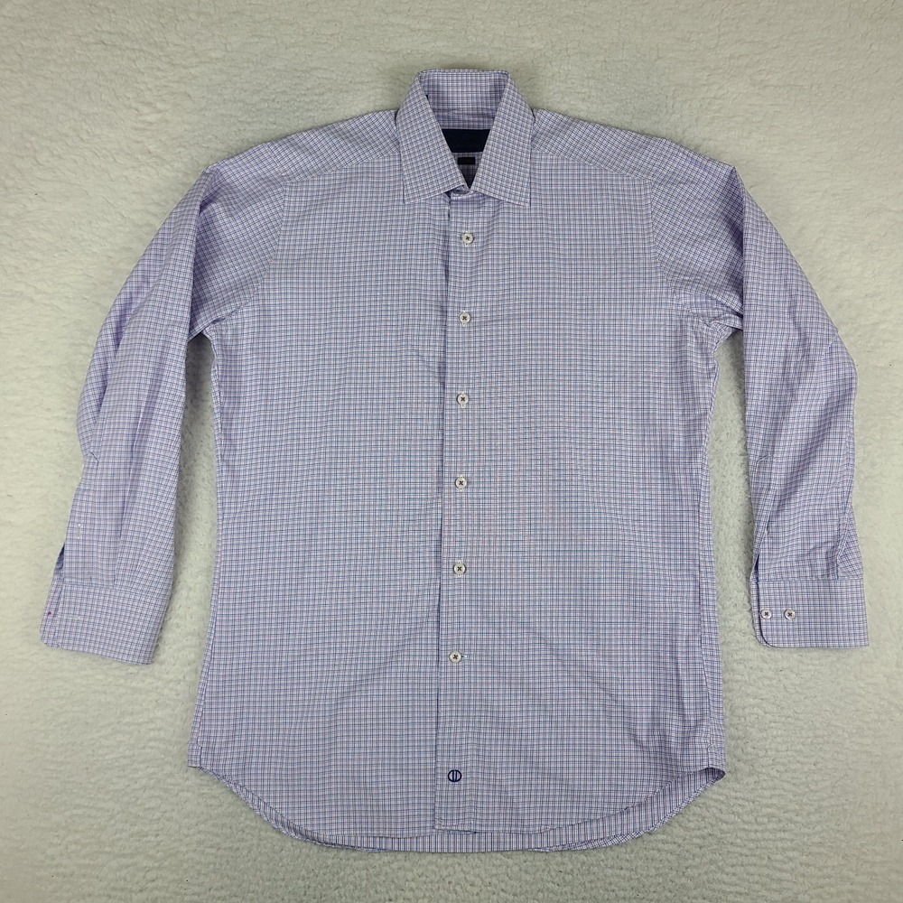 David Donahue Shirt Mens 16 32/33 Purple Blue Plaid Trim Fit Dress Button Up